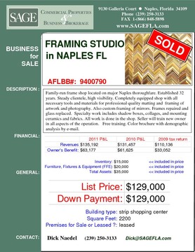 Family-run frame shop located on major Naples thoroughfare. Established 32 years. Steady clientele, high visibility. Completely equipped shop with all necessary tools and materials for professional quality matting and  framing of artwork and photography. Also custom framing of mirrors. Frames repaired and glass replaced.  Specialty work includes shadow boxes, collages, and mounting ceramics and fabrics. All work is done in the shop. Seller will train new owner in all aspects of the operation.   Free training. Color brochure with demographic analysis by e-mail.