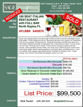 Dinner-only authentic Italian restaurant in high visibility location in upscale north Naples Florida. Fully staffed. 3700SF dining room and bar. Separate private party room (capacity 50). Established 2005. Full liquor license. E2 visa candidate. Temperature/humidity controlled wine cellar (up to 1600 bottles). Recently renovated. Serving dinner only--6 days/week in summer, 7 days in season. 180 seats total--160 inside and 20 outside. Covered outdoor seating plus garden patio with fountain. Italian specialties include chicken, veal, steak, chops, seafood and pasta--all from time-tested classic  recipes. Mouth-watering appetizers, crispy fresh salads, and Italian desserts.  Carry-out available. Fully equipped, high capacity kitchen--excellent for catering as well.  2 weeks training. Color brochure with detailed demographic analysis by e-mail.