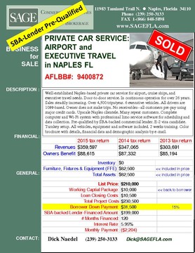 Well-established Naples-based private car service for airport, cruise ships, and executive travel needs. Door-to-door service. In continuous operation for over 26 years. Sales steadily increasing. Over 4,500 trips/year. 7 executive vehicles. All drivers are 1099-based. E-2 visa candidate. Owner does not make trips. No receivables--all customers pre-pay using major credit cards. Upscale Naples clientele. Many repeat customers. Pre-qualified by SBA-backed commercial lender. Complete computer and Wi-Fi system with professional limo service software for scheduling and data collection. Pre-qualified by SBA-backed commercial lender. E-2 visa candidate. Turnkey setup. All vehicles, equipment and software included. 2 weeks training. Color brochure with details, financial data and demographic analysis by e-mail.