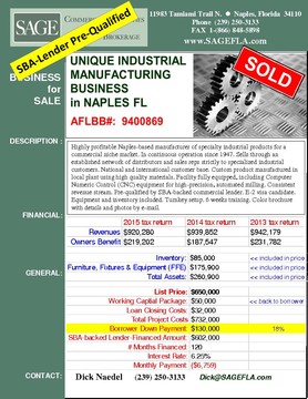 Highly profitable Naples-based manufacturer of specialty industrial products for a commercial niche market. In continuous operation since 1947. Sells through an established network of distributors and sales reps strictly to specialized industrial customers. National and international customer base. Custom product manufactured in local plant using high quality materials. Facility fully equipped, including Computer Numeric Control (CNC) equipment for high-precision, automated milling. Consistent revenue stream. Pre-qualified by SBA-backed commercial lender. E-2 visa candidate. Equipment and inventory included. Turnkey setup. 6 weeks training. Color brochure with details and photos by e-mail.