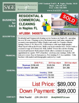 Residential and Commercial cleaning service business in Naples FL--operating for over 20 years. Cleaning services for homeowners (and some commercial accounts) concentrated in Collier (Naples) and south  Lee Counties (Bonita Springs, Estero, S. Ft. Myers) FL. E-2 visa candidate.  Cash business with super-high margins. Home-based with no fixed costs. Multi-year loyal customer base. Owner works a seasonal average of 35 hours/wk. Fully staffed--Owner does not do cleaning. Licensed and Insured. Professional website allows customers to request an appointment or a quote. NOT a franchise--you keep your earnings. Seller will train new owner. Easy to learn process. Free training. Color brochure with market and demographic analysis by e-mail.