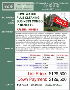 Home Watch with Residential and Commercial cleaning service business in Naples FL. Operating for over 20 years. 100 Home Watch accounts are concentrated in Collier (Naples) and south Lee (Bonita Springs, Estero, S. Ft. Myers) Counties FL. Cleaning services are primarily residential, plus some commercial. Seasonally balanced--Home Watch heaviest in summer 6 months, Cleaning Services dominates in winter (high season) 6 months. E2 visa candidate. Home-based with no fixed costs. Multi-year loyal customer base. Owner works a seasonal average of 35 hours/wk. Fully staffed--Owner does not do cleaning. Licensed and Insured. Professional website allows customers to request an appointment or a quote. NOT a franchise--you keep your earnings. Seller will train new owner. Easy to learn process. E-2 visa candidate.  Color brochure with market and demographic analysis by e-mail.