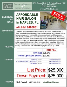 Affordable, nicely appointed hair salon for sale in Naples.  Established for 15 years. 1000 square feet with high ceilings and lots of light. Seven styling stations in main room plus two additional in private room (can be used for massage, nails, facials, etc.). Shampoo area with three sinks, four hair dryers, break room, and washer and dryer.  Retail products display area---hair products and costume jewelry selection. Five commissioned stylists. Large established mall with high traffic count (30,000 cars/day) . Easy access and plenty of parking.  Nice lease. Owner retiring from active management, but would stay on as a stylist. 2 weeks training. Color brochure with detailed demographic analysis by e-mail.