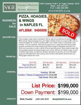 Pizza, hoagies, wings salads, and desserts. Eat-in, take-out and delivery & catering. Beer & Wine license. Sales increasing every year. High visibility location on a major traffic artery in downtown Naples FL. 57,000+ cars/day traffic count. Owner works 2-3 days/week--semi-absentee.  E-2 visa candidate. Thick and rich pizza sauce is made daily from fresh-packed tomatoes and fresh home-made dough (secret family recipes). Neapolitan style thin crust. Build-your-own pizza, or order a variety of house specialty pizzas. Home made sausage. Also serving highly popular hot toasted hoagies and a variety of flavors of chicken wings--as well as freshly-made salads, and delicious desserts. And pizza-by-the slice, of course. Excellent equipment. Excellent lease. Free training. Color brochure with details, financial data and demographic analysis by e-mail.