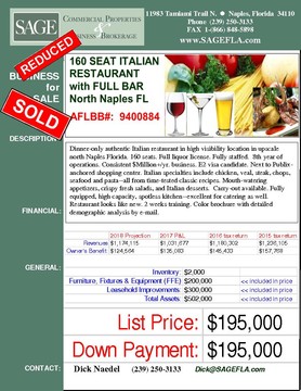 Dinner-only authentic Italian restaurant in high visibility location in upscale north Naples Florida. 160 seats. Full liquor license. Fully staffed.  8th year of operations. Consistent $Million+/yr. business. E2 visa candidate. Next to Publix-anchored shopping center. Italian specialties include chicken, veal, steak, chops, seafood and pasta--all from time-tested classic recipes. Mouth-watering appetizers, crispy fresh salads, and Italian desserts.  Carry-out available. Fully equipped, high capacity, spotless kitchen--excellent for catering as well.  Restaurant looks like new. 2 weeks training. Color brochure with detailed demographic analysis by e-mail.