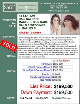 Award-winning, 12-station full service hair salon. Specializing in dimensional color, modern precision haircutting, relaxing facials, manicures/pedicures, eyelash extensions, and black tie/wedding updos and makeup. Offers keratin protein treatment for damaged hair. Wedding makeup on location. 7 commissioned stylists, 4 renters. E2 visa candidate. Attractive, well-appointed  contemporary interior with excellent lighting and equipment. Separate room for nails. High quality products: Goldwell, Olaplex, Kenra, KMS, Malibu. Has great website and Facebook presence. Easy access with plenty of parking. Large space with excellent lease. Free training. Color brochure with details, financial data and demographic analysis by e-mail.