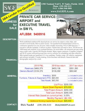 Well-established southwest FL-based private car service for airport, cruise ships, and executive travel needs. Door-to-door service. An essential local transportation service in continuous operation for over 30 years. Sales steadily increasing. Over 4,200 trips/year. 7 executive vehicles included. 12 drivers in place--Owner does not need to drive. All drivers are 1099-based and certified. Low overhead business. No receivables--all customers pre-pay using major credit cards. Upscale SW Florida clientele. Many repeat customers. Complete computer and Wi-Fi system with professional limo service software for scheduling and data collection. SBA-backed lender pre-qualified. E-2 visa candidate. Turnkey setup. All vehicles, equipment and software included. 2 weeks training. Color brochure with details, financial data and demographic analysis by e-mail.
