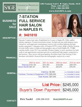 Upscale,7-station hair salon. Established for 9 years in Naples FL. Fully staffed, turnkey operation. Commissioned plus renters. Includes private multi-purpose room. Attractive, well-appointed contemporary interior with excellent lighting and high quality equipment. 3 shampoo sinks. 6-Camera CCTV system. High visibility location on main traffic artery in high end demographics area of  north Naples FL. 57,000 cars/day traffic count. E-2 visa candidate. Product display in store--purchases by both walk-in and appointment customers provide an additional high margin component to the business.  Easy access with good parking. Excellent lease. Free training. Color brochure with details, financial data and demographic analysis by e-mail.