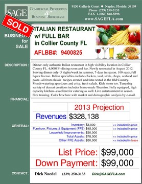 Dinner-only authentic Italian restaurant in high visibility location in Collier County FL. 4,000SF--dining room and bar. Newly renovated in August 2012.  Serving dinner only- 5 nights/week in summer, 7-days in season. 160 seats, full liquor license. Italian specialties include chicken, veal, steak, chops, seafood and pasta--all from classic  recipes created and time-tested in the Old Country. Mouth-watering appetizers and crispy fresh salads. Kids menu too. Tempting variety of dessert creations includes home-made Tiramisu. Fully equipped, high capacity kitchen--excellent for catering as well. Live entertainment in season. Free training. Color brochure with market and demographic analysis by e-mail.