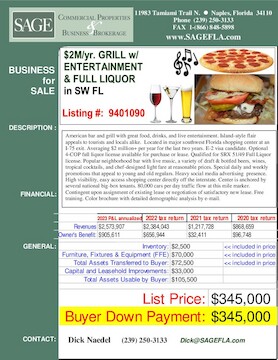 American bar and grill with great food, drinks, and live entertainment. Island-style flair appeals to tourists and locals alike.  Located in major southwest Florida shopping center at an I-75 exit. Averaging $2 million+ per year for the last two years. E-2 visa candidate. Optional 4-COP full liquor license available for purchase or lease. Qualified for SRX 51/49 Full Liquor license. Popular neighborhood bar with live music, a variety of draft & bottled beers, wines, tropical cocktails, and chef-designed light fare at reasonable prices. Special daily and weekly promotions that appeal to young and old regulars. Heavy social media advertising  presence. High visibility, easy access shopping center directly off the interstate. Center is anchored by several national big-box tenants. 80,000 cars per day traffic flow at this mile marker. Contingent upon assignment of existing lease or Buyer negotiation of satisfactory new lease, Free training. Color brochure with detailed demographic analysis by e-mail.