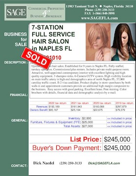 Upscale,7-station hair salon. Established for 9 years in Naples FL. Fully staffed, turnkey operation. Commissioned plus renters. Includes private multi-purpose room. Attractive, well-appointed contemporary interior with excellent lighting and high quality equipment. 3 shampoo sinks. 6-Camera CCTV system. High visibility location on main traffic artery in high end demographics area of  north Naples FL. 57,000 cars/day traffic count. E-2 visa candidate. Product display in store--purchases by both walk-in and appointment customers provide an additional high margin component to the business.  Easy access with good parking. Excellent lease. Free training. Color brochure with details, financial data and demographic analysis by e-mail.